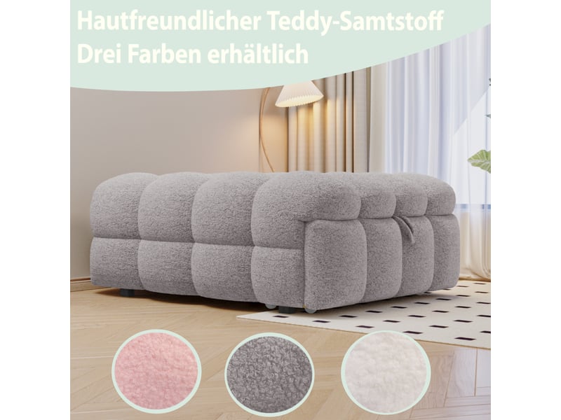  Canapé-lit capitonné 2-en-1, pouf intégré, lit d'appoint extensible, tissu bouclé gris, design moderne.  - Conforama C