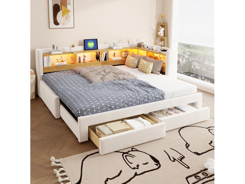  Lit gigogne 90x200 cm avec rangement et éclairage led en tissu beige  - Conforama B