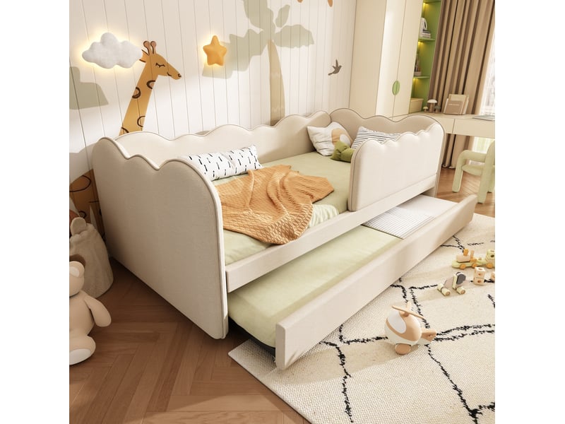  Lit gigogne enfant 90 × 190 cm avec lit inférieur escamotable, sans matelas, en lin beige  - Conforama B