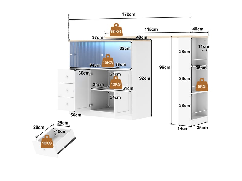  Îlot de cuisine extensible 172x40x96 cm blanche avec led rgb et rangement  - Conforama C