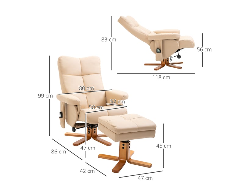  Fauteuil relax massant,80x86x99 cm,avec repose-pieds inclinable,polyester,crème  - Conforama C