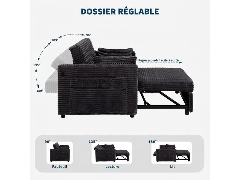  Canapé-lit convertible à tirer avec dossier réglable – gris foncé PHK_35XROBPA - Conforama C