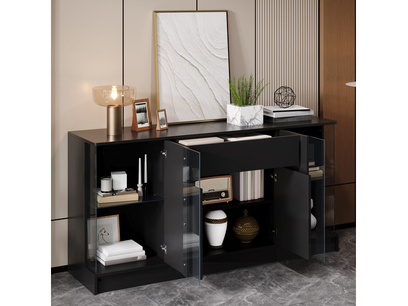  Buffet bas 150x40x75 cm noir avec vitrines en verre et éclairage led  - Conforama E