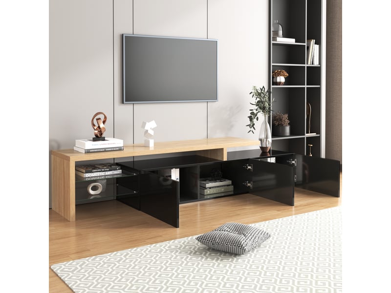 Meuble tv 197,5 cm avec 3 rangements, tablettes en verre et led 7 couleurs via application, mdf, noir et effet bois naturel Fay Lum - Conforama D