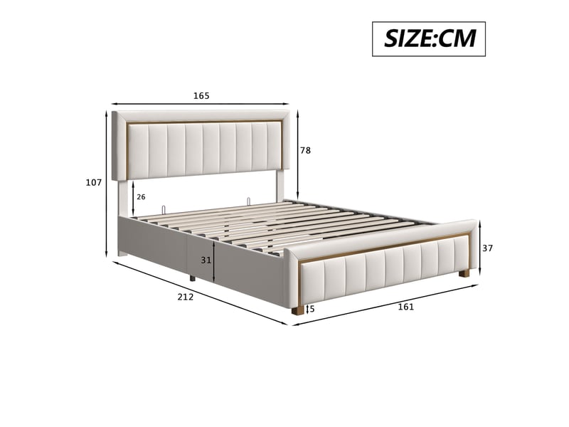  Dreammespace lit coffre 160x200 cm - lit queen size avec grand coffre hydraulique et sommier, velours lignes dorées blanc crème DreamMespace - Conforama E
