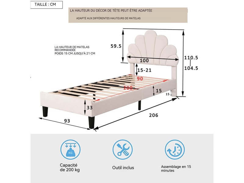  Lit 90 x 200 avec sommier, lit rembourré lit simple,tête de lit réglable en hauteur,lit simple,velours,beige  - Conforama C