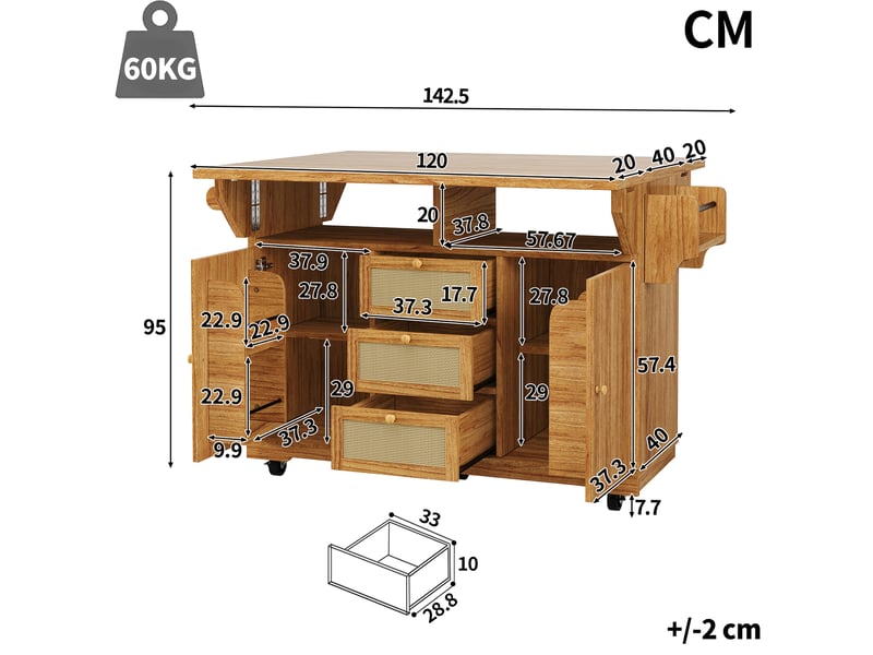 Desserte de cuisine rabattable avec 3 tiroirs et roulettes, rangements pour cuisine, balcon et camping en mdf marron foncé - Conforama E