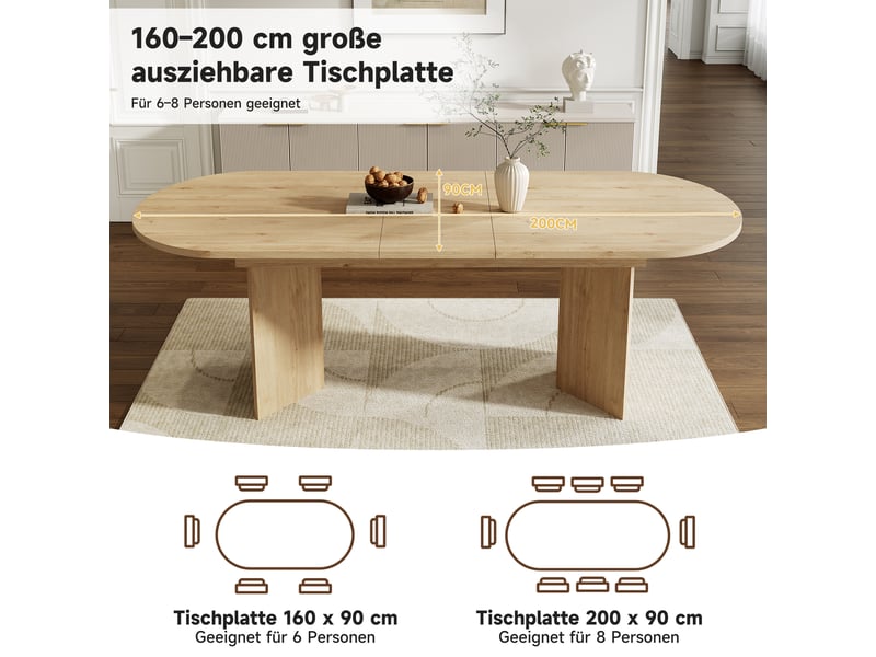  Table à manger extensible, noyer, 160200 × 90 cm, 6-8 personnes, coins arrondis, plateau épais  - Conforama E