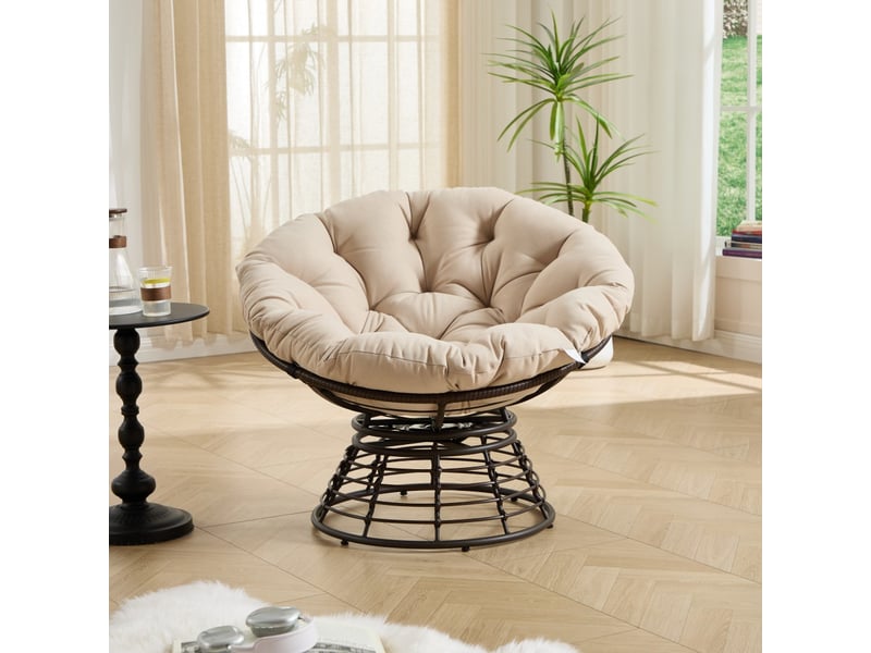  Fauteuil papasan pivotant à 360° en résine tressée - diamètre 92cm - chaise ergonomique avec coussin épais - marron et beige  - Conforama B