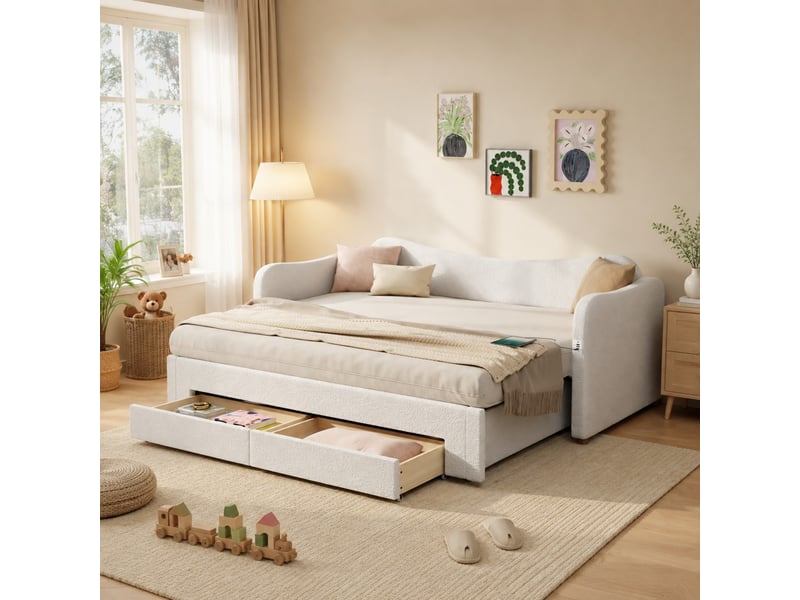 Lit banquette simple 90×200 cm avec 2 tiroirs, usb, type-c et extensible 180×200 cm, sans matelas, beige - Conforama C