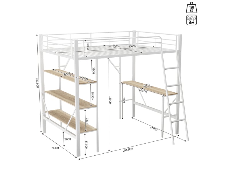  Lit mezzanine 90 × 200 cm 1 place avec bureau et 3 étagères, sans matelas, en métal et mdf, blanc  - Conforama D