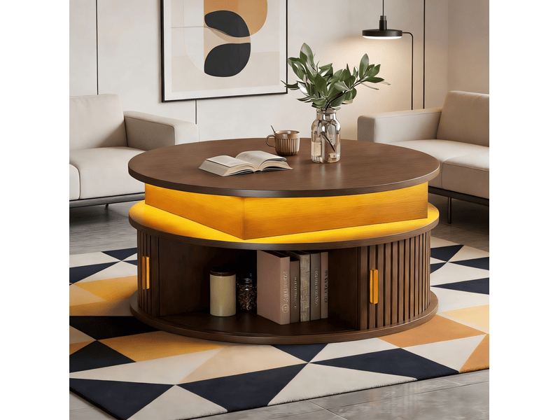  Table basse ronde relevable 75x75x52 cm en mdf coloris noyer avec led  - Conforama B