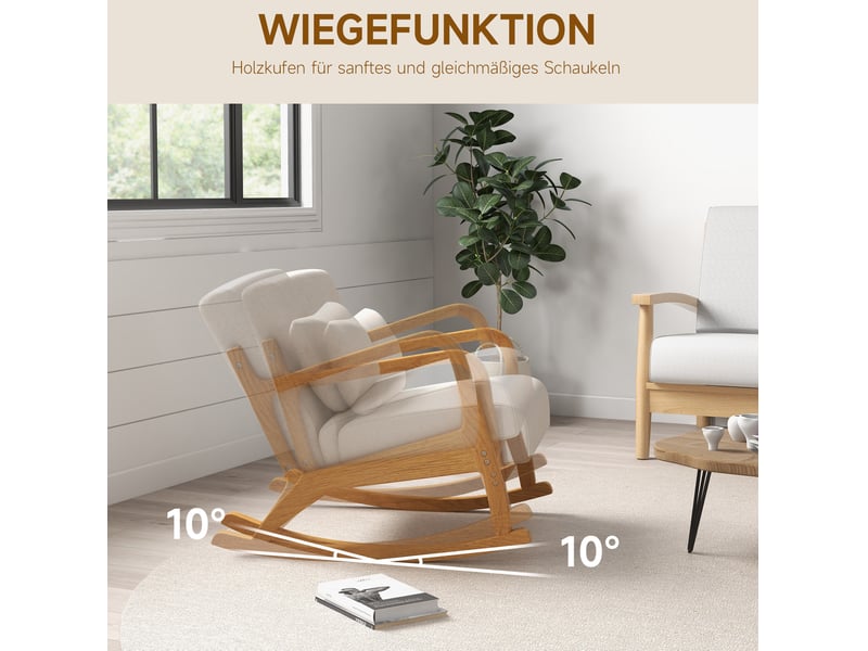  Rocking-chair rembourré avec fonction bascule, coussin lombaire amovible et accoudoirs, en bois crème  - Conforama E