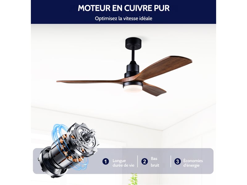  Ventilateur de plafond 132 cm en bois de noyer, avec lumière led dimmable et télécommande, moteur dc silencieux pour salon et chambre  - Conforama E