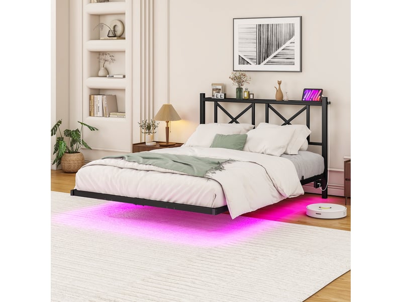  Lit 2 places 120x200 cm avec éclairage led et station de charge, cadre en métal noir, sans matelas  - Conforama C