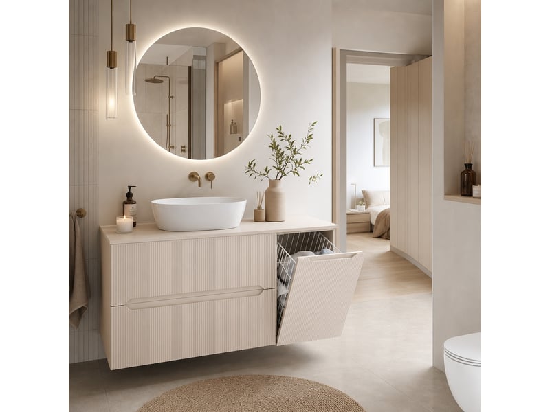 Meuble sous vasque suspendu avec panier à linge et plan 2t novo l.120 cm cachemire mat - Conforama B