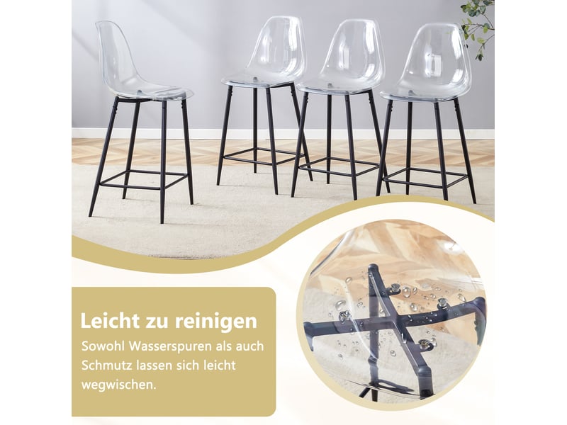  Tabouret de bar lot de 4 avec dossier et repose-pieds, structure métallique noire, plastique transparent  - Conforama E