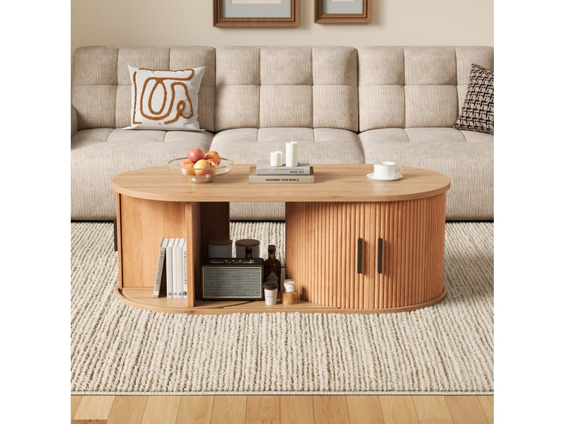 Table basse ovale 100x50x33 cm avec rangement modulable, finition bois naturel - Conforama D