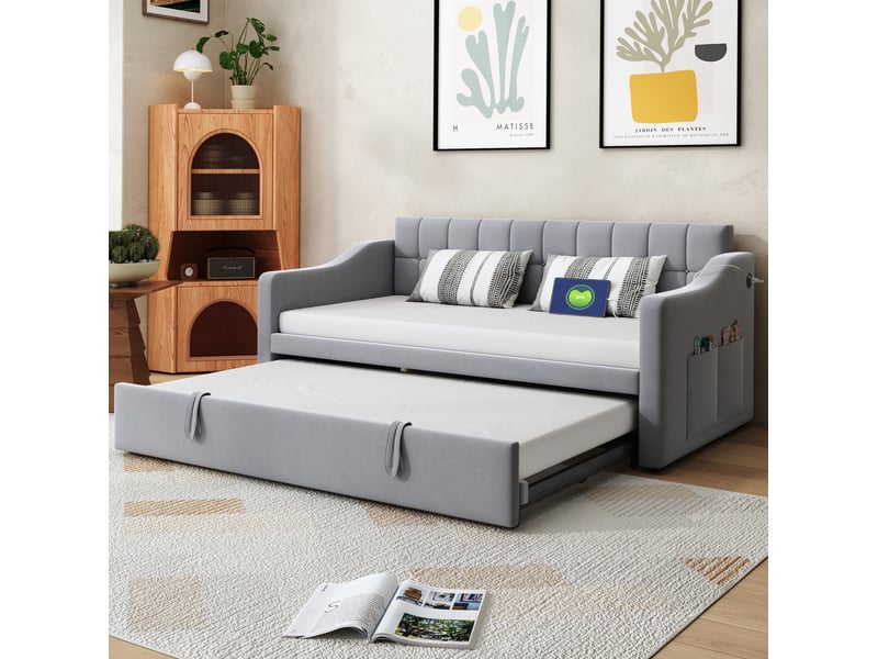  Modenvie banquette-lit gigogne 90x190 cm - velours, ports usb et lit extensible - pour petit espace - gris  - Conforama E