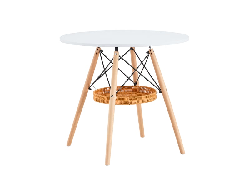  Table à manger ronde,80x80x71,5 cm,avec panier de rangement,mdf,blanc pieds en bois  - Conforama A