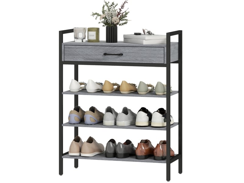  Meuble à chaussures 4 niveaux, rangement couloir pour 9 paires de chaussures, panneau particule, métal, gris  - Conforama A