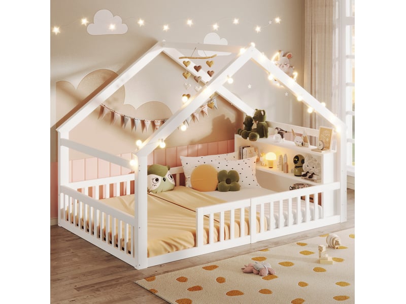  Lit cabane enfant 140x190 cm avec barrières, perles led et rangements intégrés en bois de pin blanc sans matelas  - Conforama D