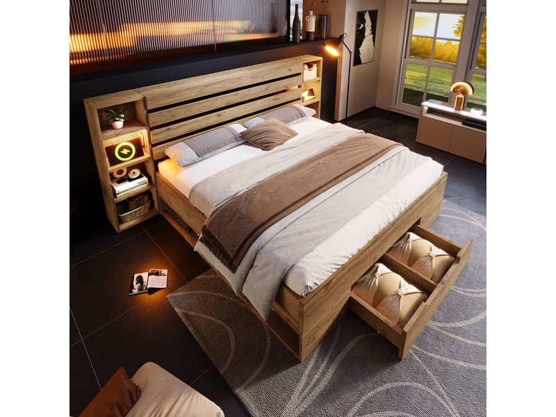  Lit double en bois massif 180 x 200 cm, rangement, led, usb-c, tête de lit avec rangement, tiroir, sommier à lattes en bois, chêne Bliss Lite - Conforama D