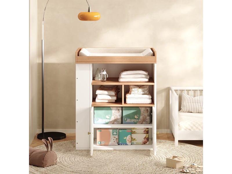  Commode à langer - 82 x 50 x 100 cm - commode à langer avec plan à langer, placard et étagères latérales - blanc et effet bois  - Conforama B