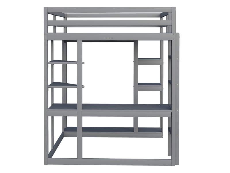  Lit mezzanine 200×140 cm avec bureau, étagères et penderie, échelle et barrières, sans matelas, gris  - Conforama E