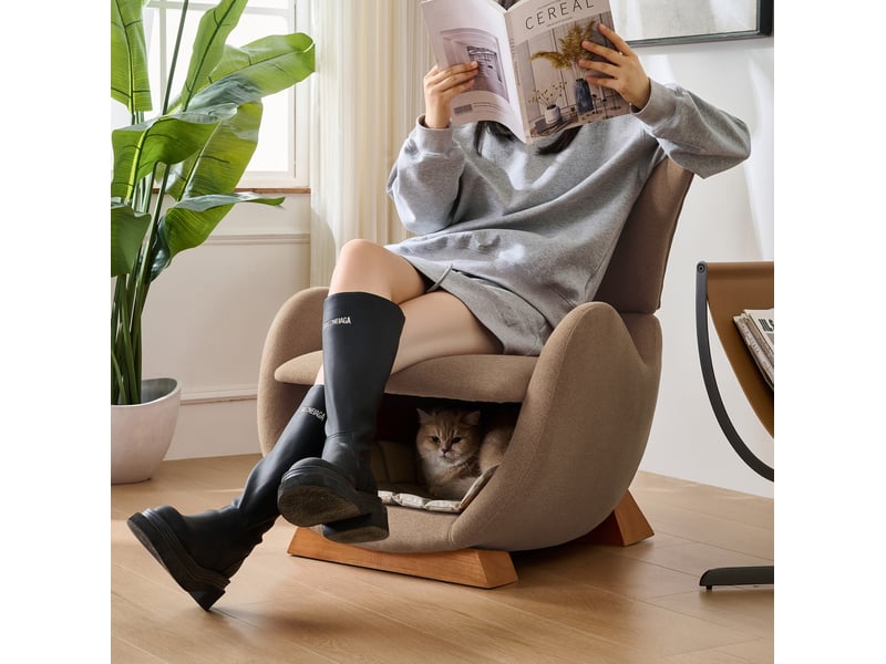 Fauteuil relax avec niche pour animal, tissu résistant aux griffes et structure en bois marron pour salon - Conforama E