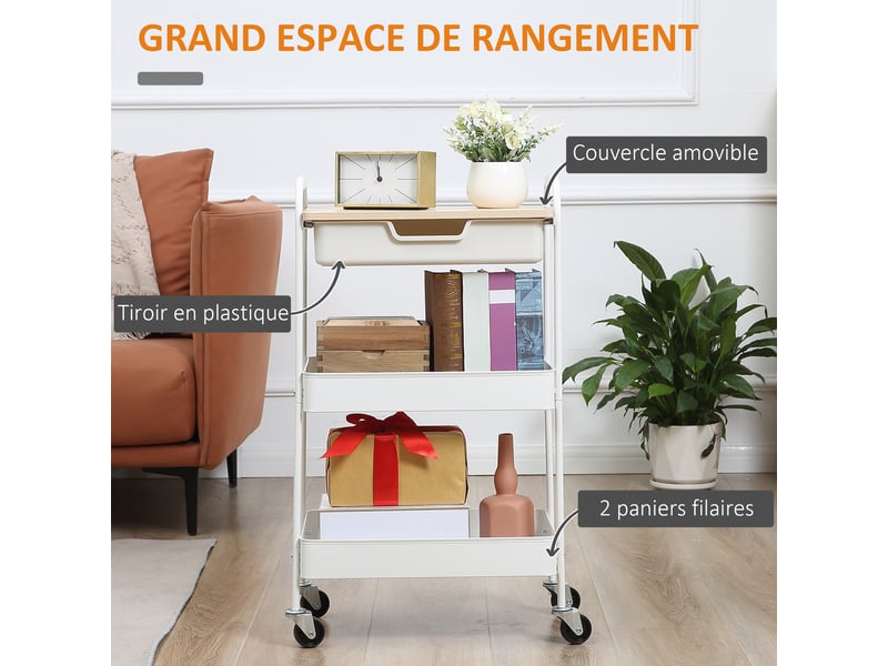 Desserte de cuisine chariot de service 2 étagères tiroir plateau aspect bois acier clair pp blanc - Conforama A