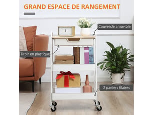 Desserte de cuisine chariot de service 2 étagères tiroir plateau aspect bois acier clair pp blanc