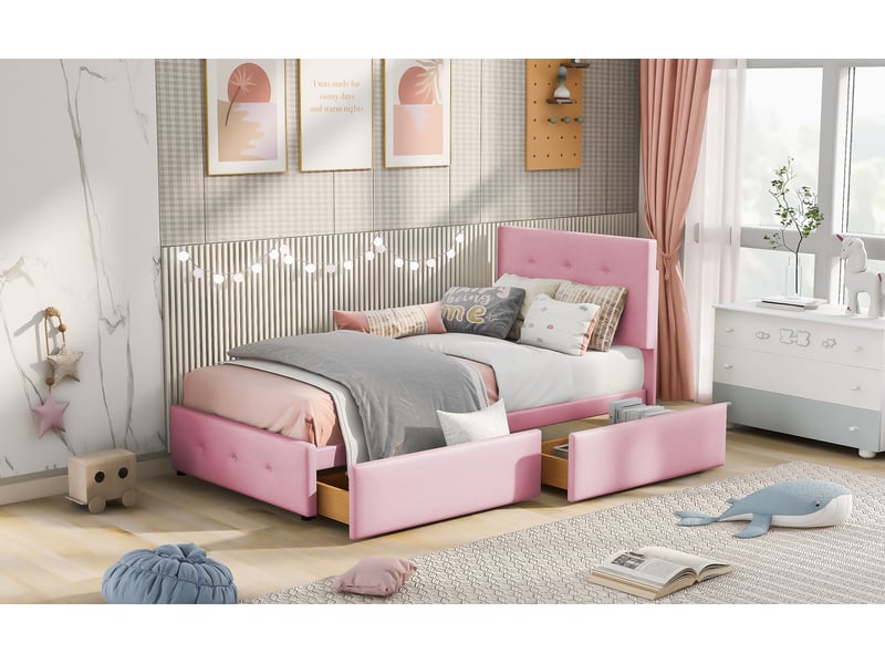  Lit enfant 90x200 cm - lit avec 2 tiroirs et sommier à lattes, confortable avec rangement, moderne en velours rose, sans matelas  - Conforama D