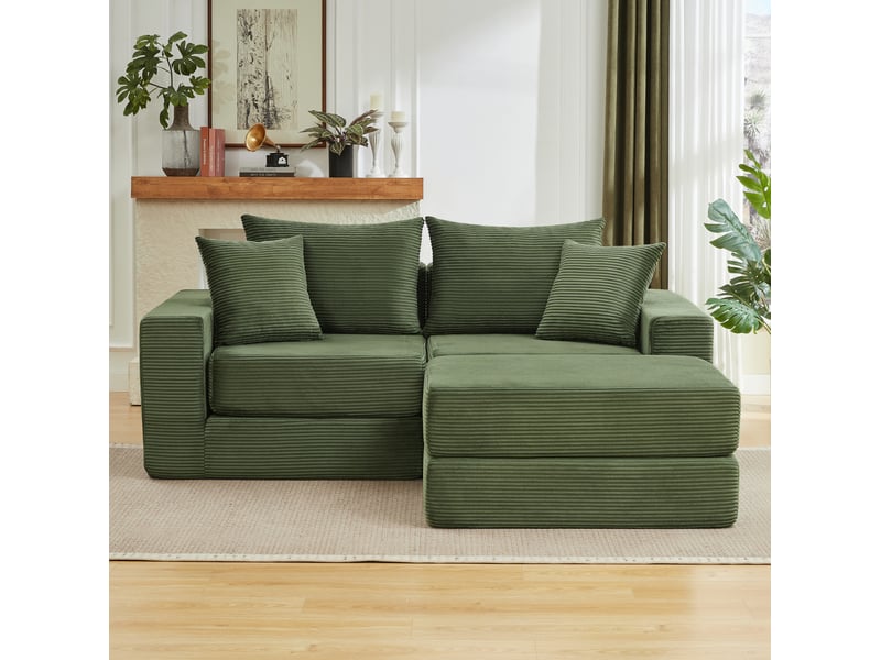  Canapé modulable 3 places en velours côtelé vert convertible en lit d'appoint  - Conforama B