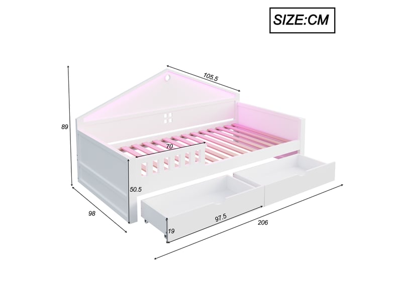 Lit enfant simple 90x200 cm avec 2 tiroirs, bande led pilotée sommier à lattes, bois et mdf blanc sans matelas - Conforama C