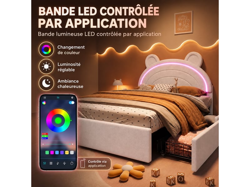 Lit enfant rembourré 140 x 200 cm - lit coffre - avec tête de lit led - 4 tiroirs - beige (matelas non inclus)  - Conforama E
