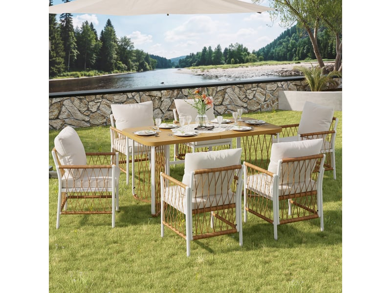  Ensemble table et chaise de jardin avec 1 table et 6 chaises - coussins inclus pour terrasse - métal, rotin pe et polyester - beige, marron et naturel  - Conforama B