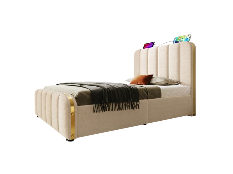  Lit simple 90x200 cm avec 4 tiroirs, usb type-c, tête de lit haute et sommier à lattes, couleur beige, avec matelas  - Conforama A