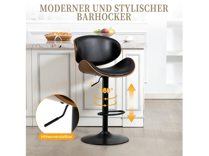 Tabouret de bar pivotant et réglable en hauteur avec dossier ergonomique et repose-pieds, en pu noir  - Conforama E