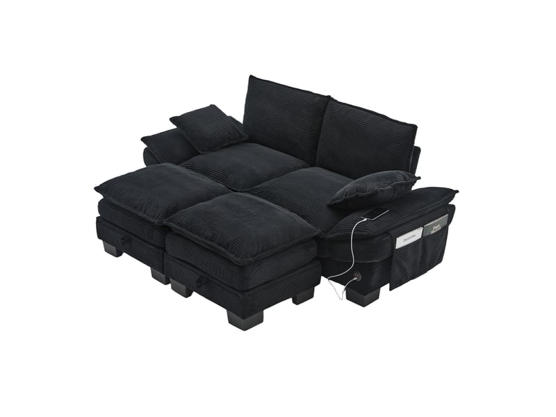 Canapé droit modulable 2 places en velours côtelé noir avec 2 poufs, usb-c et rangement pour le salon - Conforama A