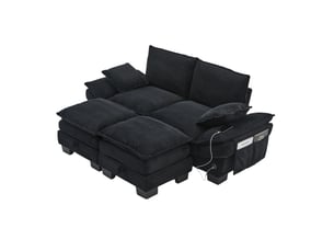 Canapé droit modulable 2 places en velours côtelé noir avec 2 poufs, usb-c et rangement pour le salon