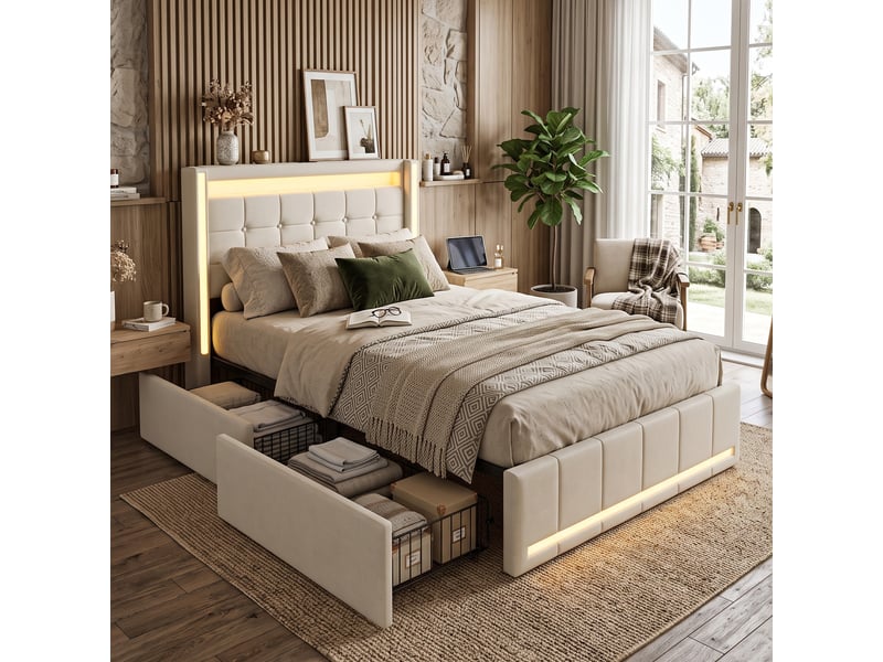 Dreammespace lit simple 90x200 cm avec 2 tiroirs et prises usb type-c éclairage led sommier à lattes chambre tissu lin beige DreamMespace - Conforama B