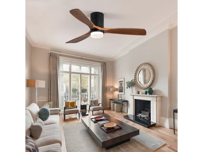 Ventilateur de plafond avec lumière 132 cm noir, 3 pales en bois massif, moteur dc silencieux, télécommande  - Conforama B