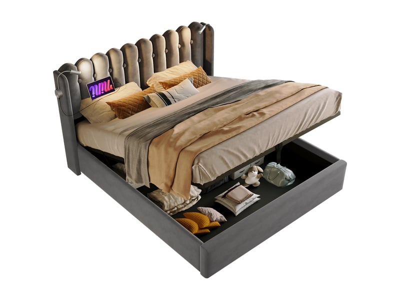  Lit coffre,160x200 cm,avec led et usb,velours,gris  - Conforama A