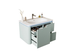 Meuble vasque suspendu vert, 80,5 x 47,05 x 51 cm, en mdf et céramique, avec led à capteur radar et vasque intégrée