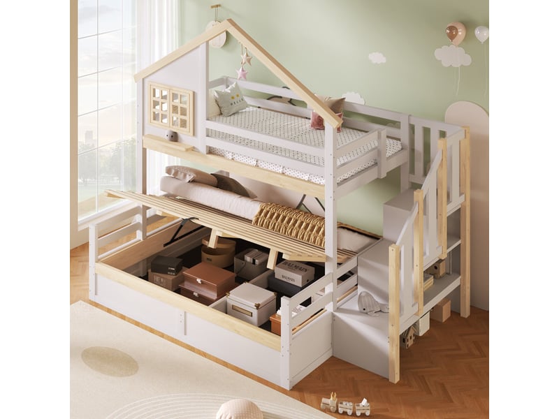  Lit superposé 90x200 cm et 140x200 cm avec barrières de sécurité, escalier avec rangements, blanc et naturel  - Conforama D