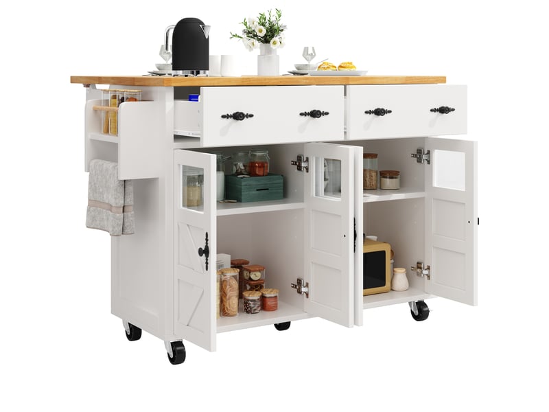  Desserte de cuisine 140x73x93,5 cm blanche en mdf, plateau extensible, 3 tiroirs et 5 roulettes freinées  - Conforama A