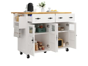 Desserte de cuisine 140x73x93,5 cm blanche en mdf, plateau extensible, 3 tiroirs et 5 roulettes freinées