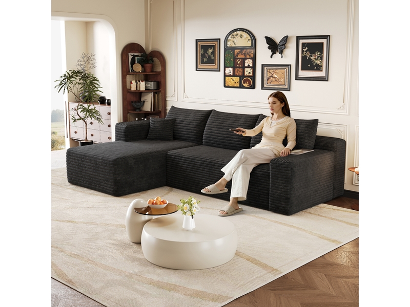  Canapé d'angle noir 3 places avec méridienne, canapé en tissu côtelé de 241 cm pour salon, assise profonde et confortable  - Conforama D
