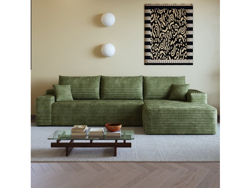  270 cm canapé modulable sans ossature avec chaise longue l, moderne, assise profonde, sans assemblage, pour salon et chambre, vert  - Conforama C